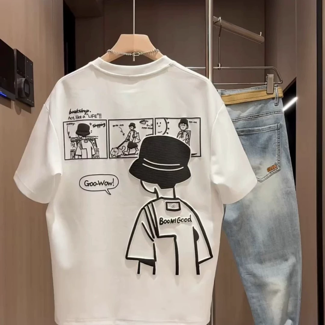 ID:17418 - New summer men's short-sleeved casual cartoon print crew neck top, versatile short-sleeved trendy base T-shirt